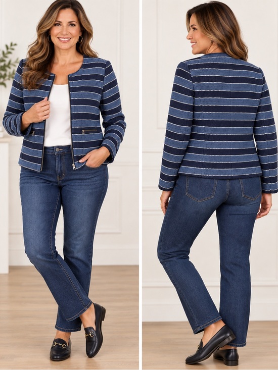 LOFT Jackets & Blazers - LOFT Womens Size 8 NWT Blue Striped Textured Boucle Zip Front Jacket Blazer